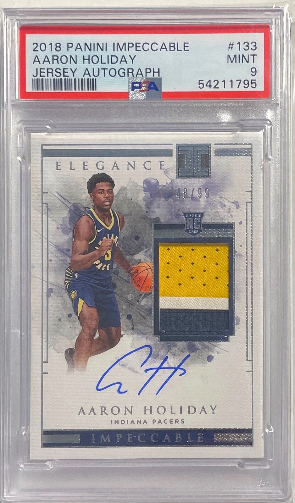 AARON HOLIDAY 2018 PANINI IMPECCABLE RPA PATCH AUTO RC #D 48/99 PSA 9 MINT POP 4