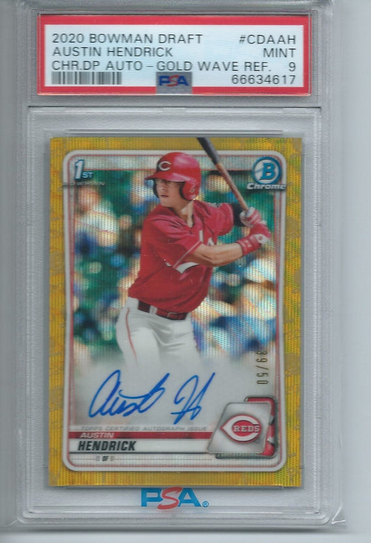 AUSTIN HENDRICK 2020 BOWMAN CHROME DRAFT 1ST GOLD WAVE REFRACTOR AUTO /50 PSA 9