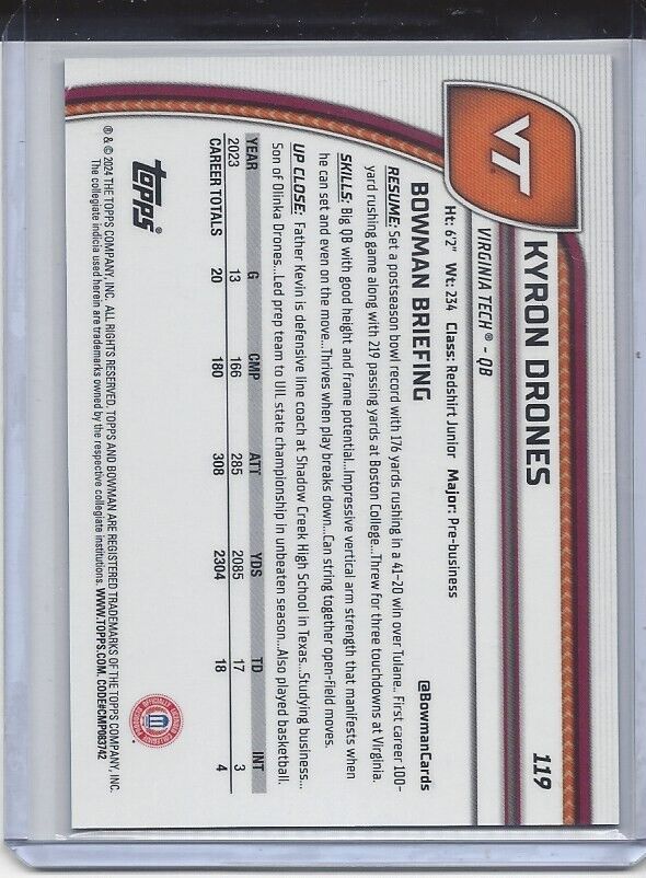 KYRON DRONES 20224 BOWMAN CHROME UNIV 1ST PURPLE MINI DIAMOND REFRACTOR /375
