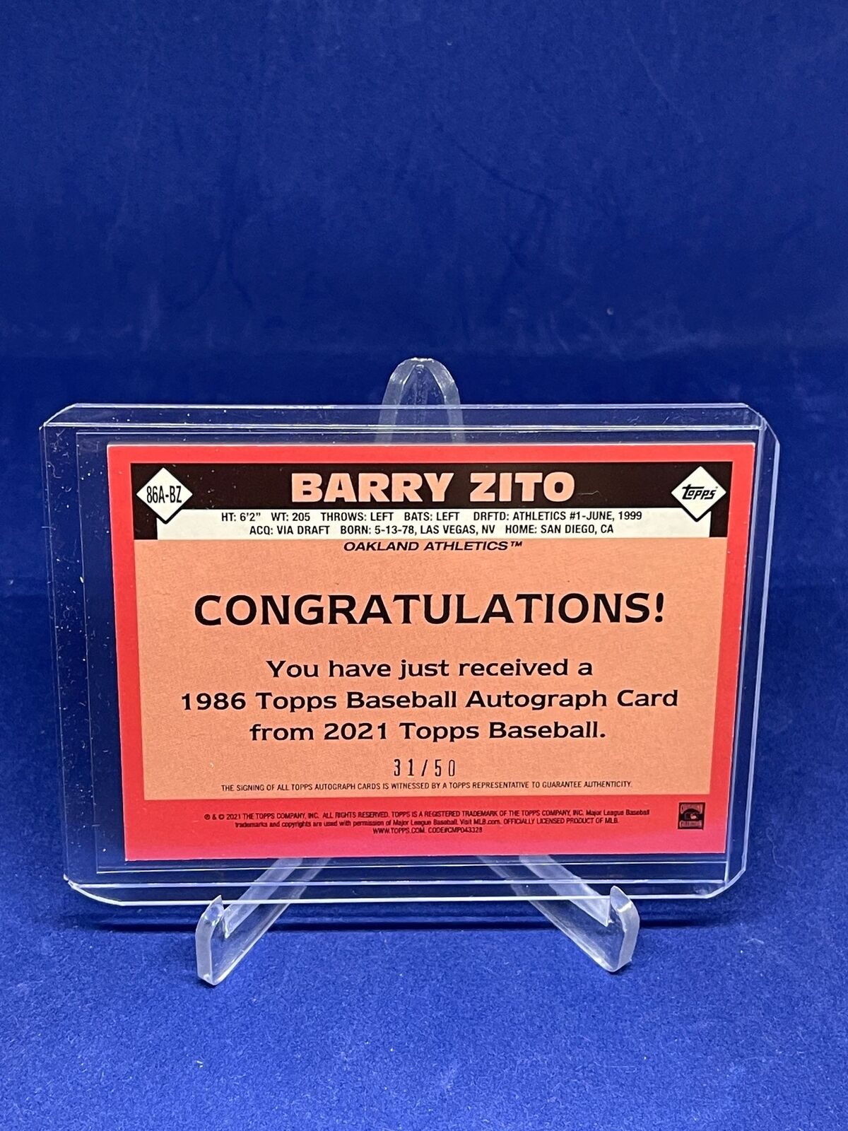 BARRY ZITO 2021 TOPPS 1986 DESIGN ON CARD AUTO GOLD #D 31/50