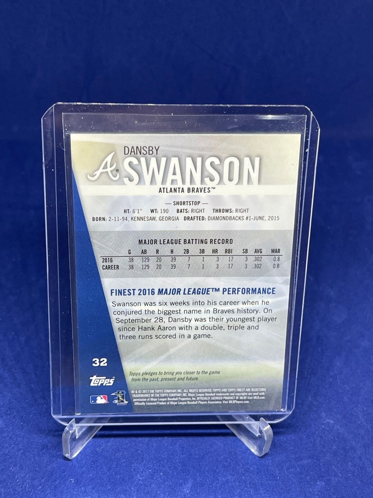 DANSBY SWANSON 2017 TOPPS FINEST BLUE REFRACTOR ROOKIE RC #D 82/150