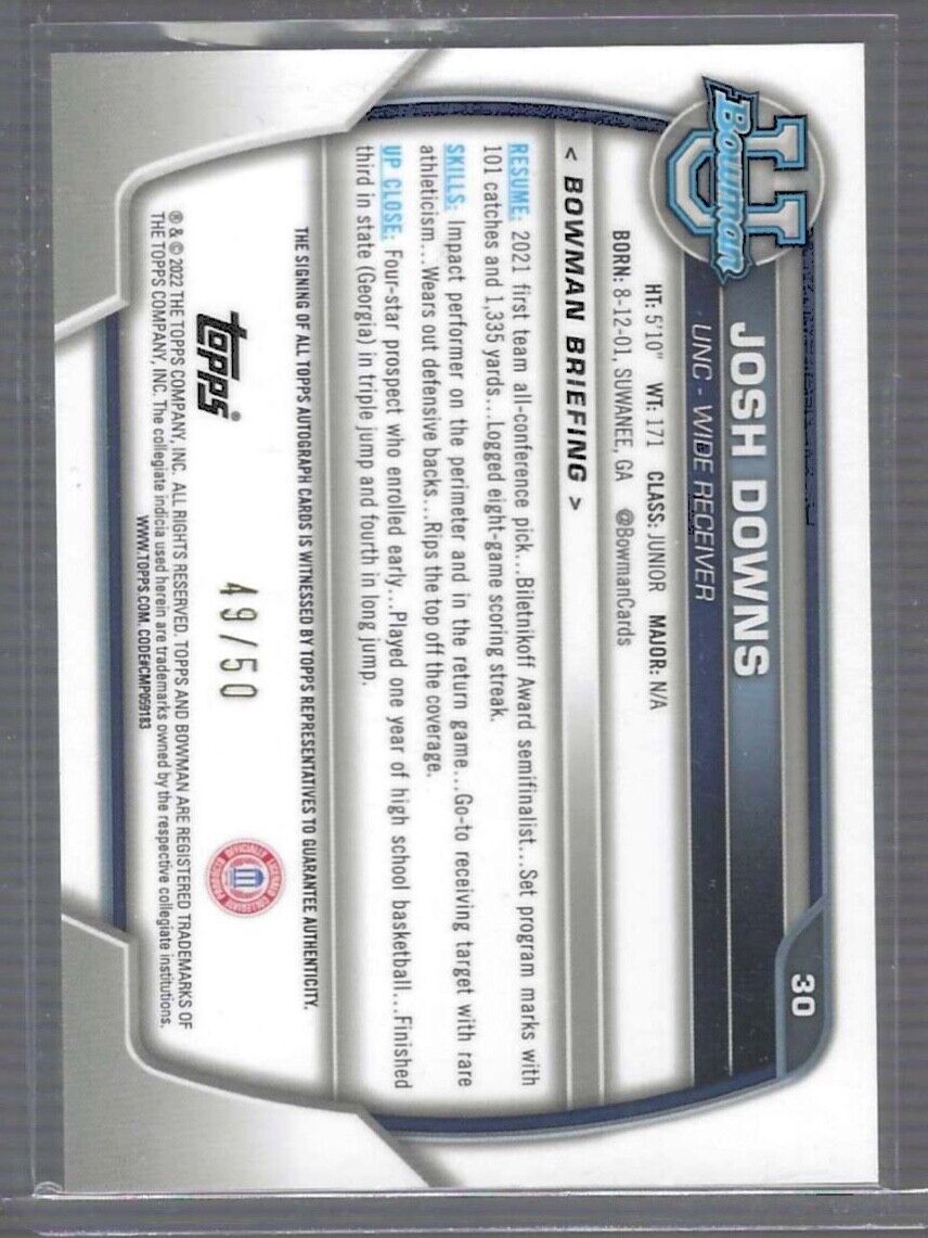 JOSH DOWNS 2022 BOWMAN CHROME UNIVERSITY GOLD REFRACTOR AUTO #D 49/50