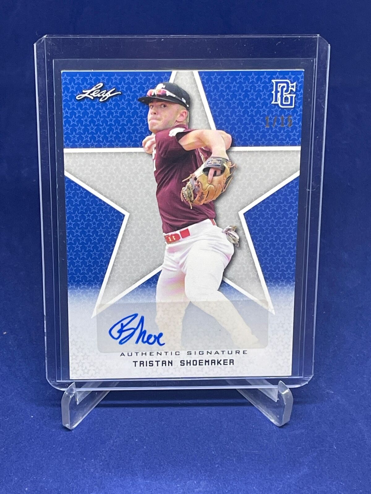TRISTAN SHOEMAKER 2020 LEAF PERFECT GAME NATIONAL SHOWCASE BLUE AUTO #D 1/15