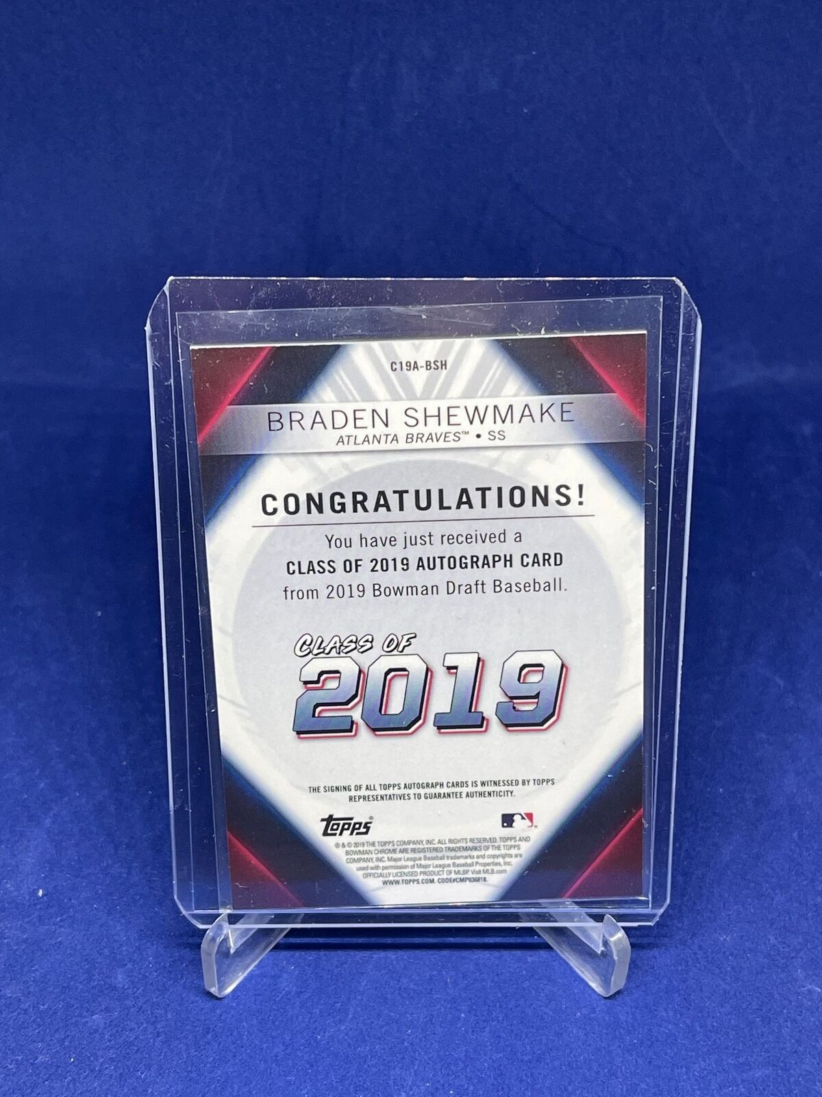 BRADEN SHEWMAKE 2019 BOWMAN DRAFT CLASS OF 2019 GOLD REFRACTOR AUTO RC #D 35/50