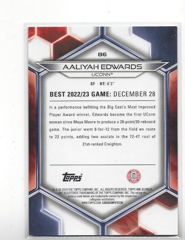 AALIYAH EDWARDS 2023 BOWMANS BEST UNIVERSITY UCONN BLUE REFRACTOR #D 88/150