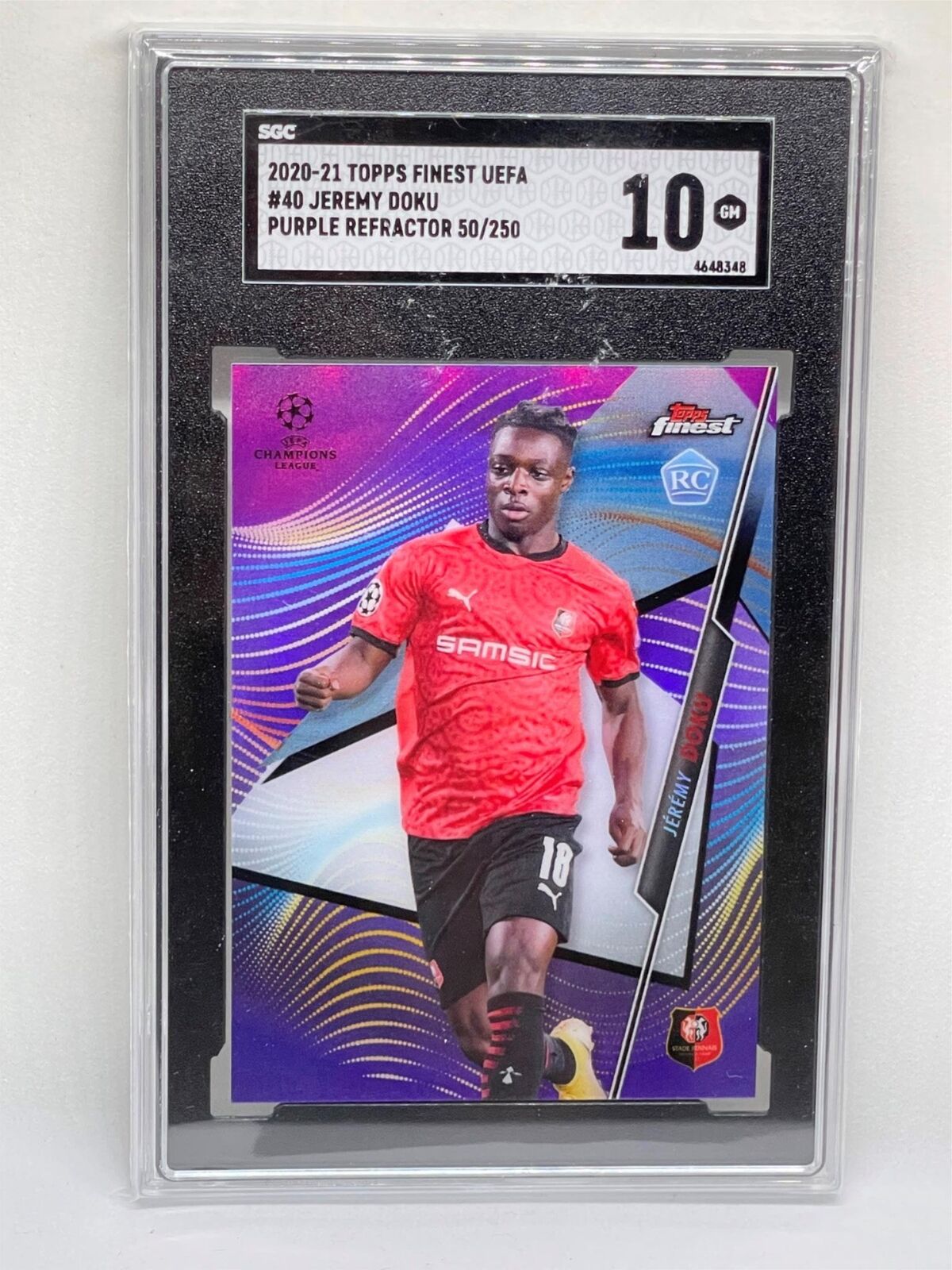 JEREMY DOKU 2020-21 TOPPS FINEST UEFA PURPLE REFRACTOR RC #D 50/250 SGC 10 GEM