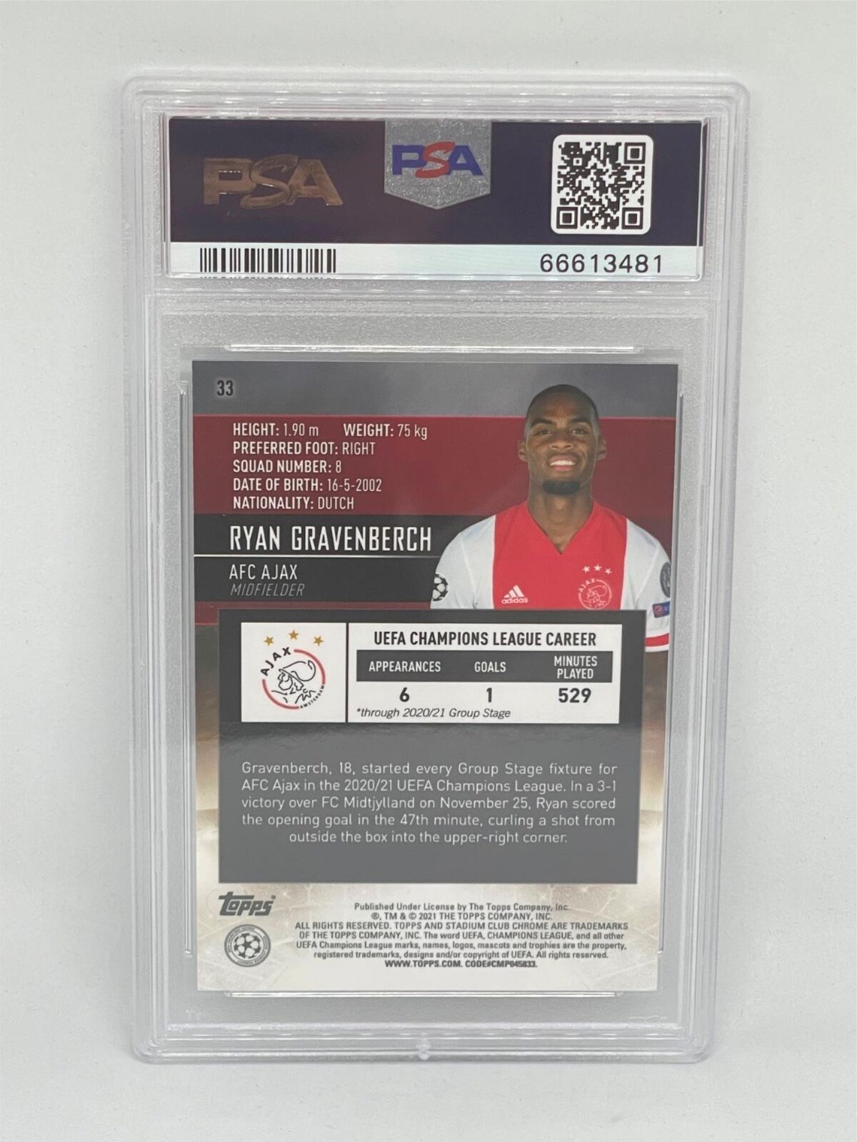 RYAN GRAVENBERCH 2020-21 TOPPS STADIUM CLUB CHROME #33 ROOKIE RC PSA 10 GEM MINT