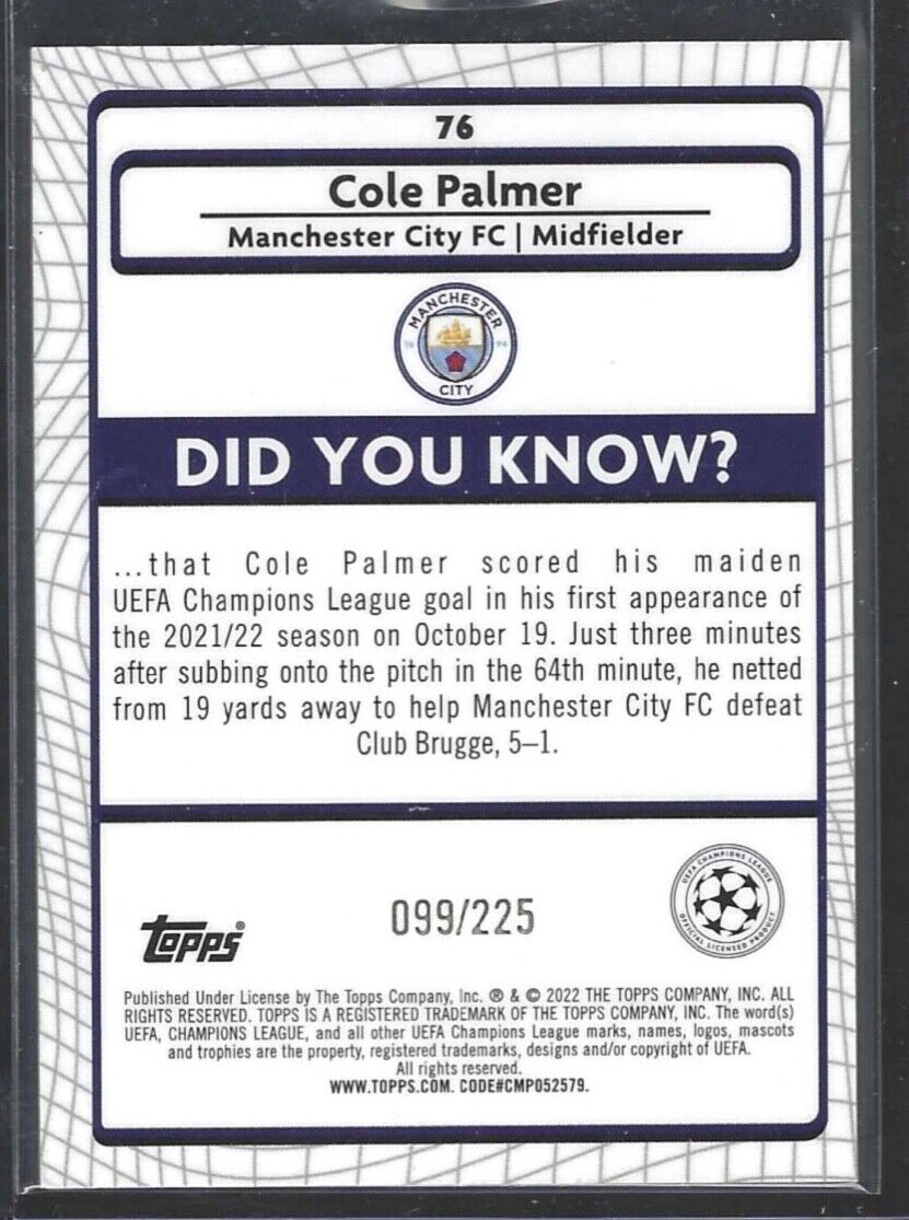 COLE PALMER 2021-22 TOPPS MERLIN YELLOW WAVE REFRACTOR RC #D /225