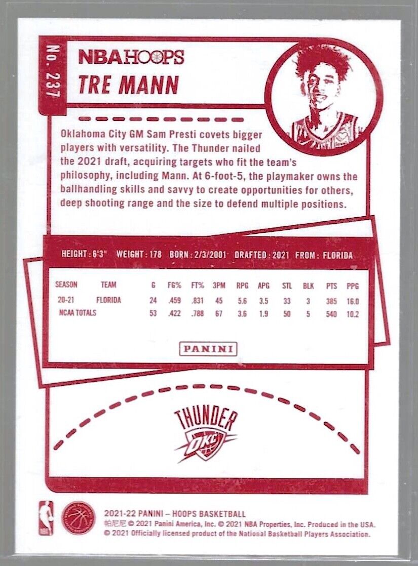 TRE MANN 2021-22 NBA HOOPS RED BACK SP ROOKIE RC #237