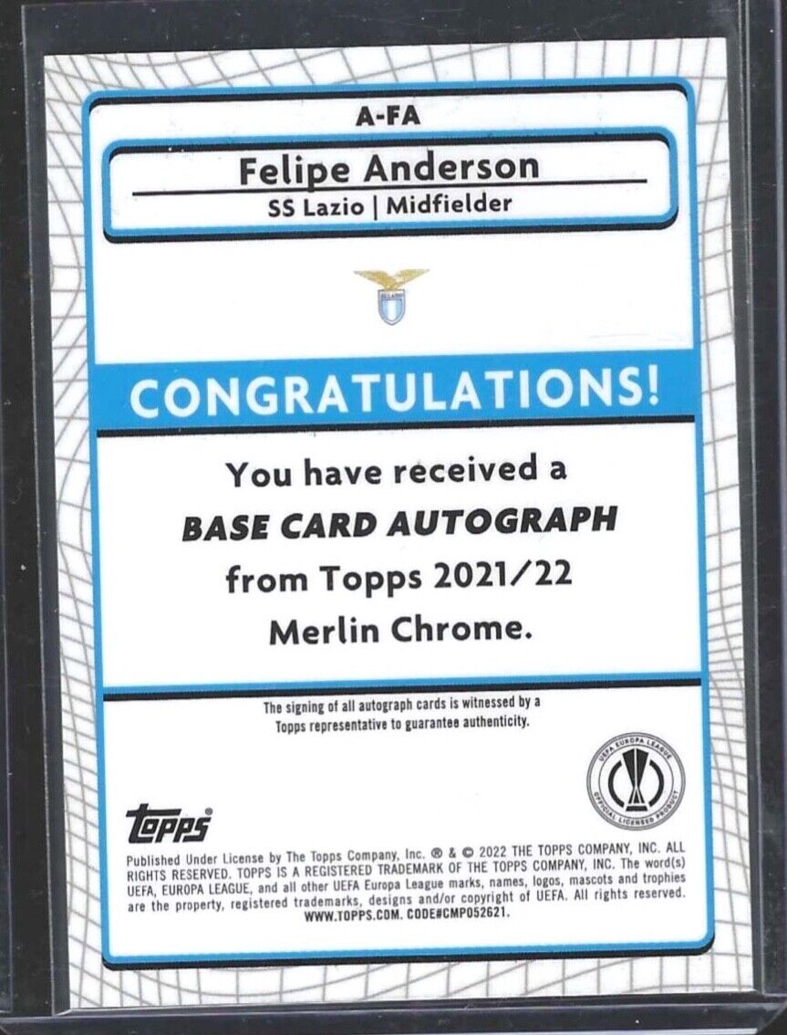 FELIPE ANDERSON 2021-22 TOPPS MERLIN UEFA SILVER REFRACTOR AUTO #A-FA