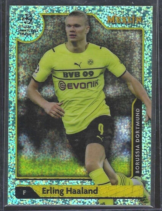 ERLING HAALAND 2021-22 TOPPS MERLIN AQUA SPECKLE REFRACTOR #D 129/199