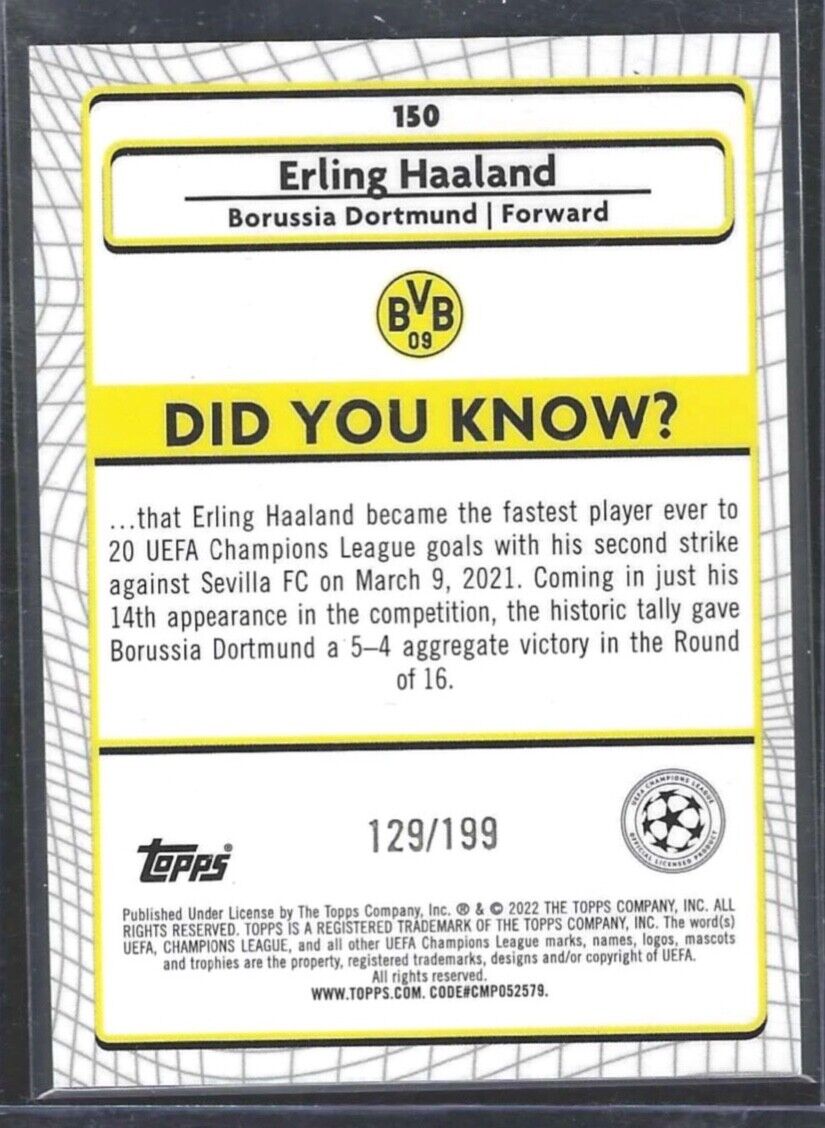 ERLING HAALAND 2021-22 TOPPS MERLIN AQUA SPECKLE REFRACTOR #D 129/199