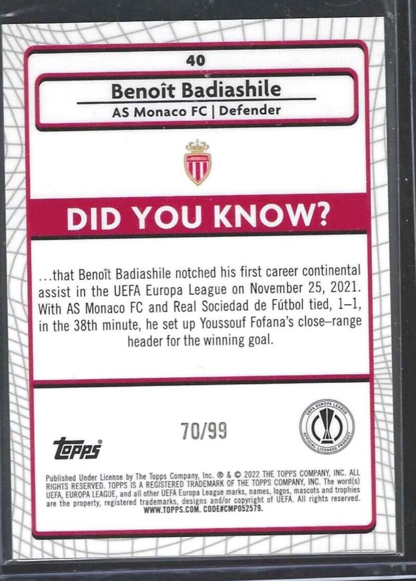 BENOIT BADIASHILE 2021-22 TOPPS MERLIN GREEN MOJO REFRACTOR ROOKIE RC #D 70/99