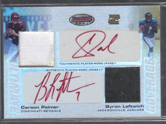 CARSON PALMER BYRON LEFTWICH 2003 BOWMANS BEST RED INK DUAL PATCH AUTO RC #D /25