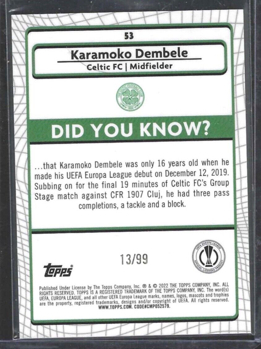 KARAMOKO DEMBELE 2021-22 TOPPS MERLIN GREEN REFRACTOR ROOKIE RC #D 13/99