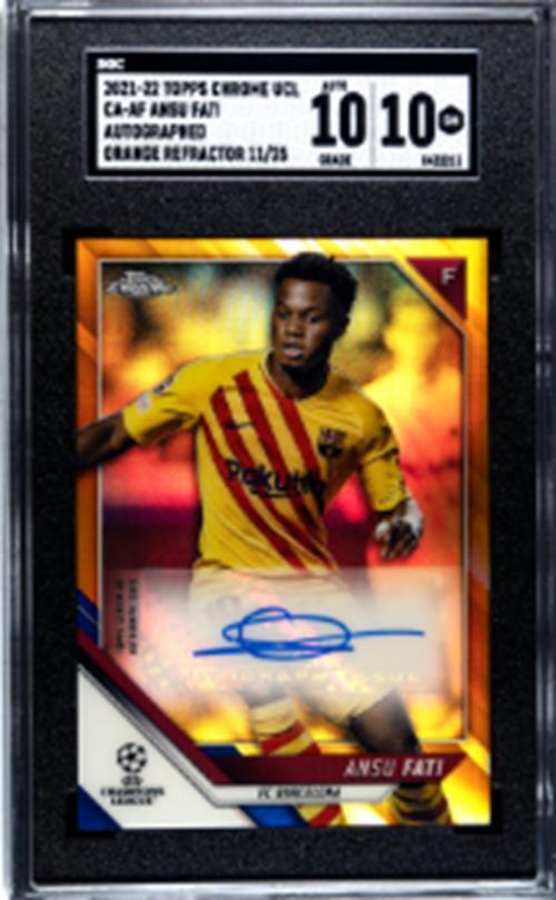 ANSU FATI 2021-22 TOPPS CHROME UCL ORANGE REFRACTOR AUTO /25 SGC 10 10AU POP 1/1