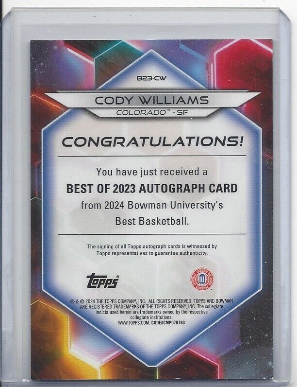 CODY WILLIAMS 2023 BOWMAN'S BEST UNIVERSITY GOLD REFRACTOR AUTO #D /50
