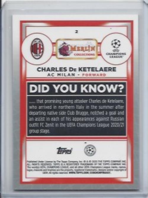 CHARLES DE KETELAERE 2022-23 TOPPS MERLIN CHROME PINK MOJO REFRACTOR #D 206/275