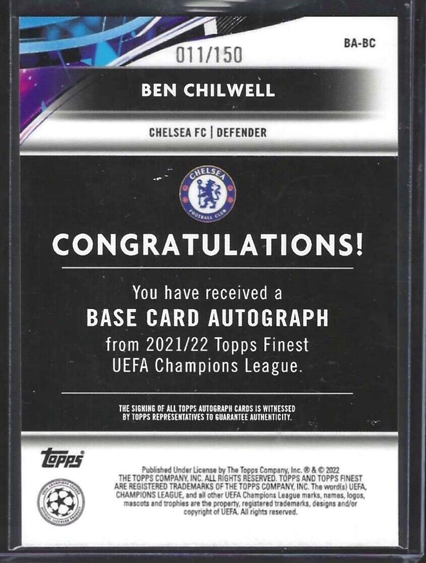 BEN CHILWELL 2021-22 TOPPS FINEST BLUE REFRACTOR AUTO #D 011/150