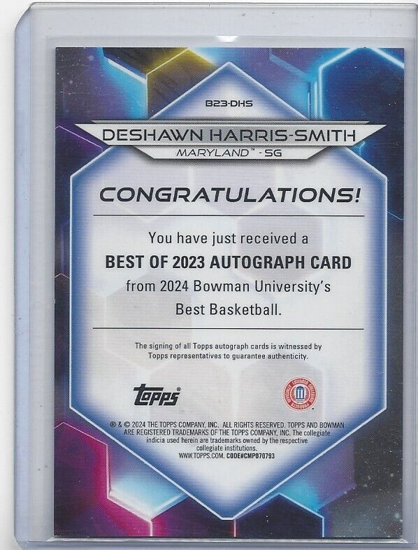 DESHAWN HARRIS-SMITH 2023 BOWMAN'S BEST UNIVERSITY GOLD REFRACTOR AUTO #D 23/50