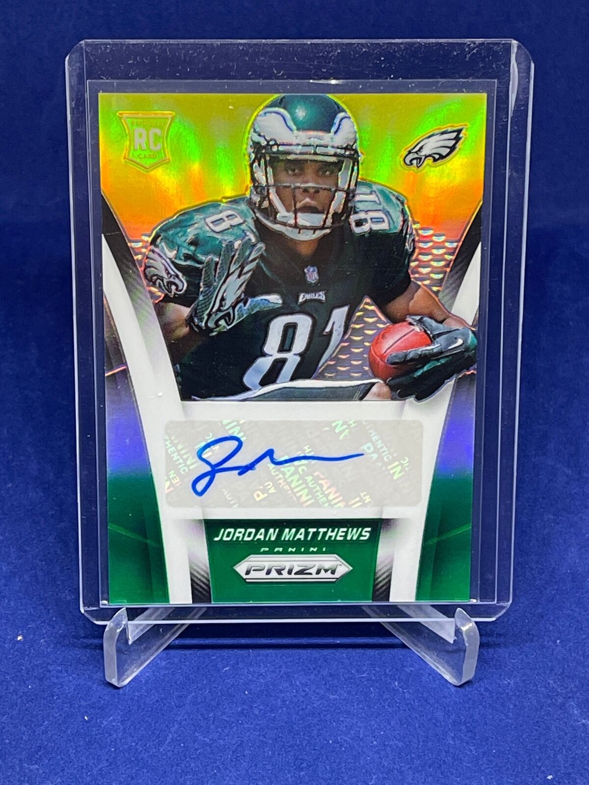 JORDAN MATTHEWS 2014 PANINI PRIZM AUTO GREEN & YELLOW PRIZM ROOKIE RC #D 11/35