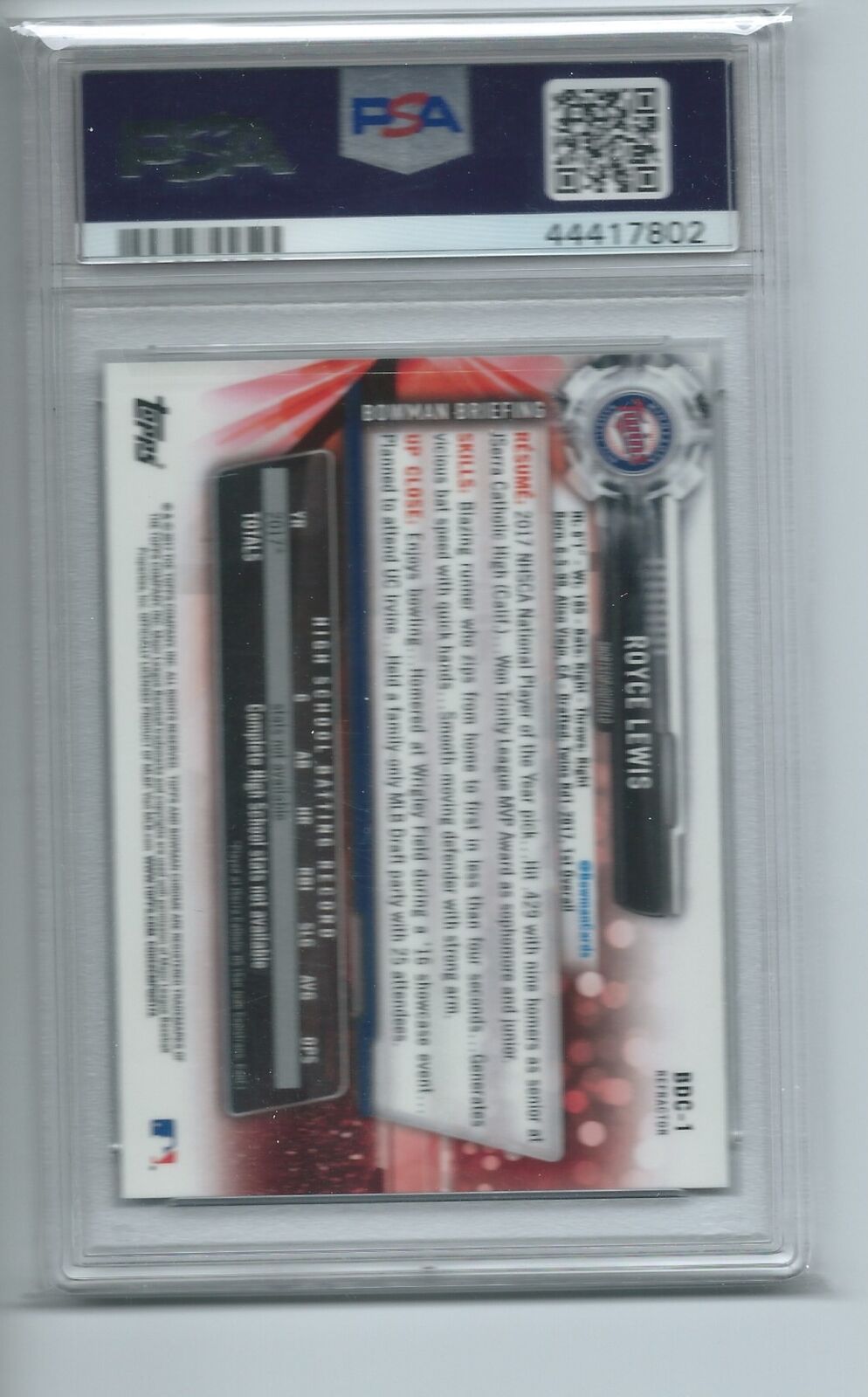 ROYCE LEWIS 2017 BOWMAN DRAFT CHROME 1ST REFRACTOR #1 PSA 10 GEM MINT