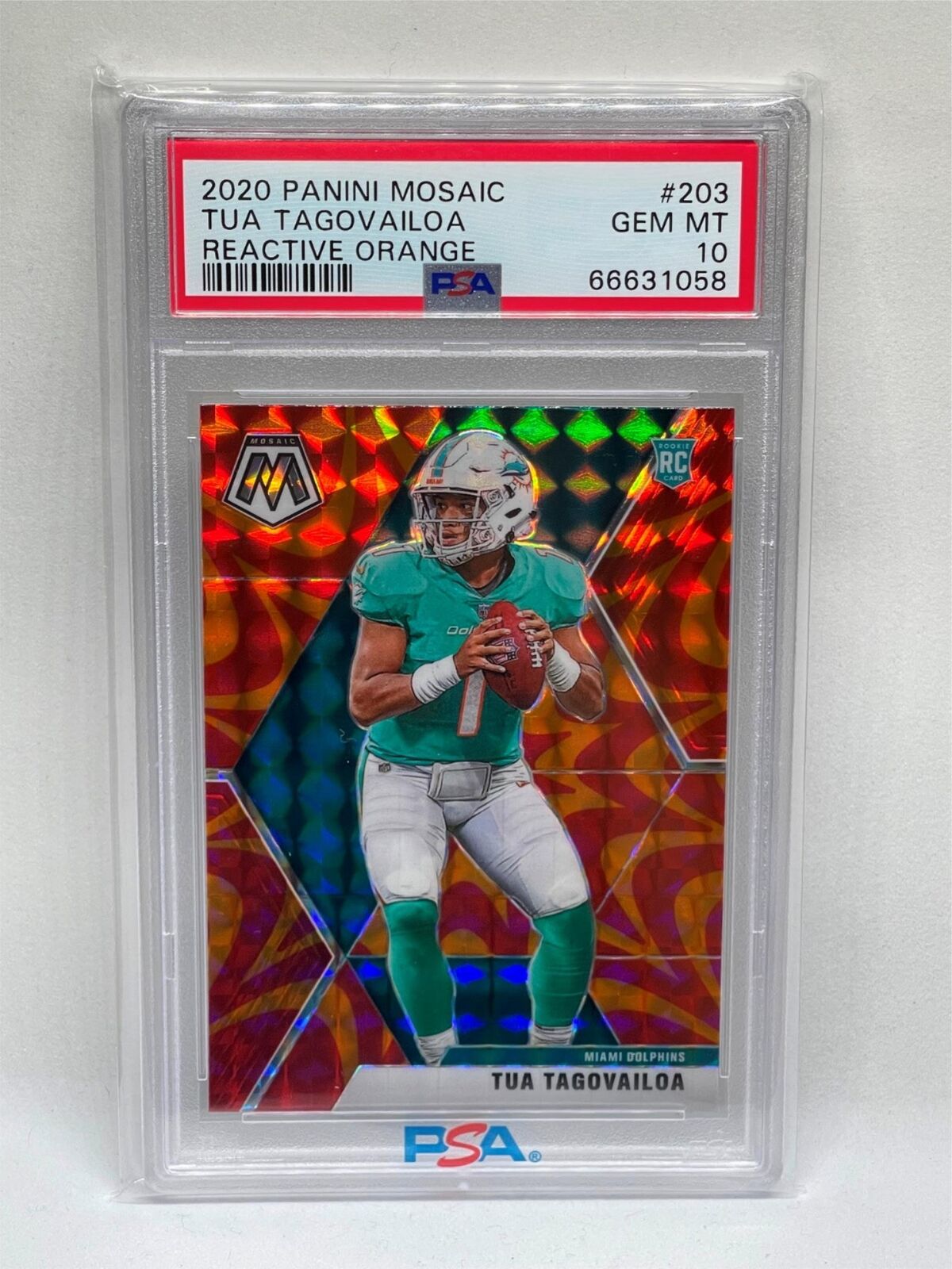 TUA TAGOVAILOA 2020 PANINI MOSAIC REACTIVE ORANGE PRIZM ROOKIE RC #203 PSA 10