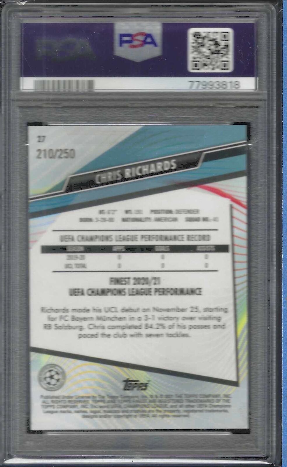 CHRIS RICHARDS 2020 TOPPS FINEST PURPLE REFRACTOR /250 PSA 10 GEM MINT POP 1/1