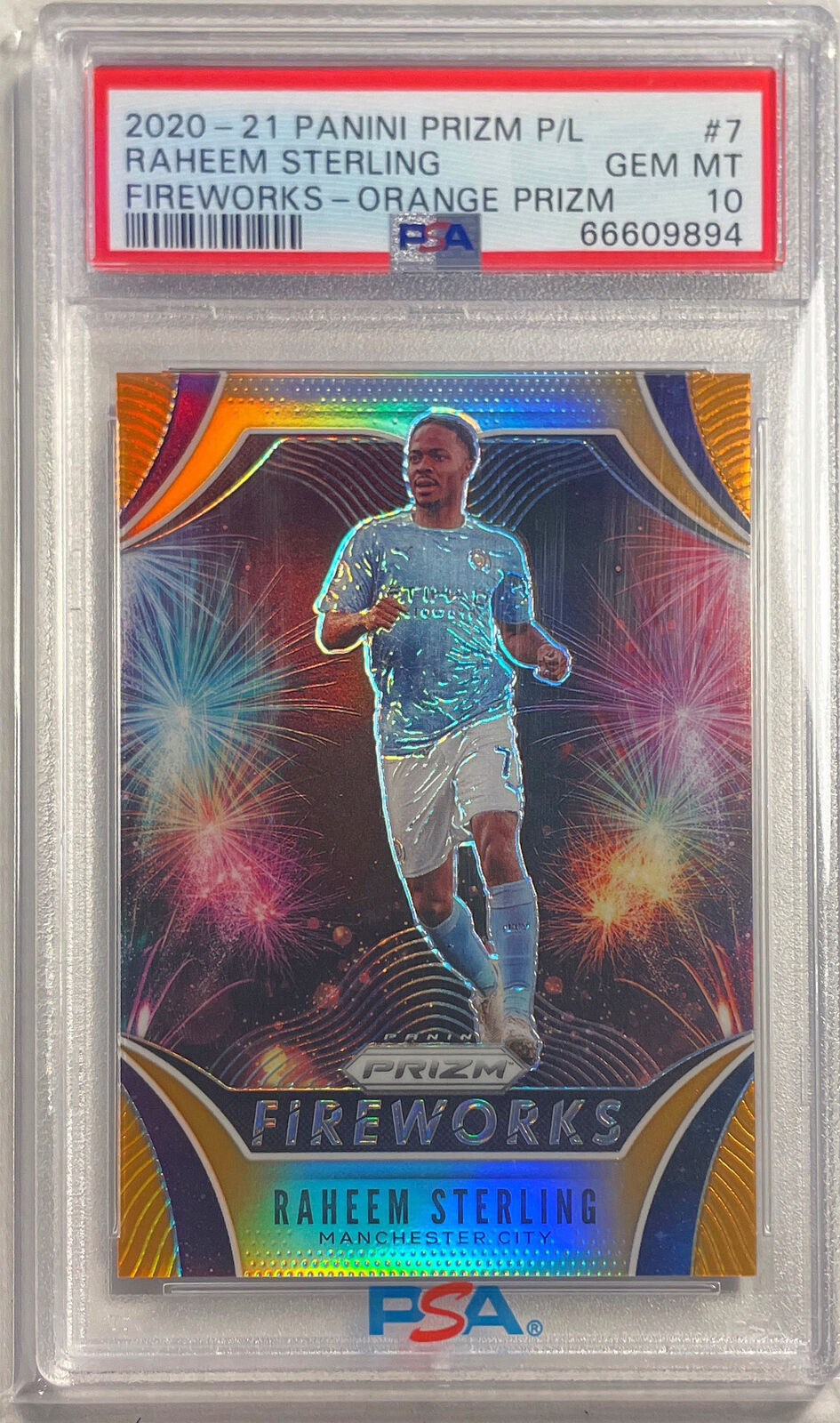 RAHEEM STERLING 2020-21 PANINI PRIZM EPL FIREWORKS ORANGE PRIZM /25 PSA 10 POP 2