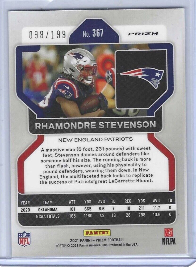 RHAMONDRE STEVENSON 2021 PANINI PRIZM BLUE WAVE PRIZMS ROOKIE RC #D 098/199