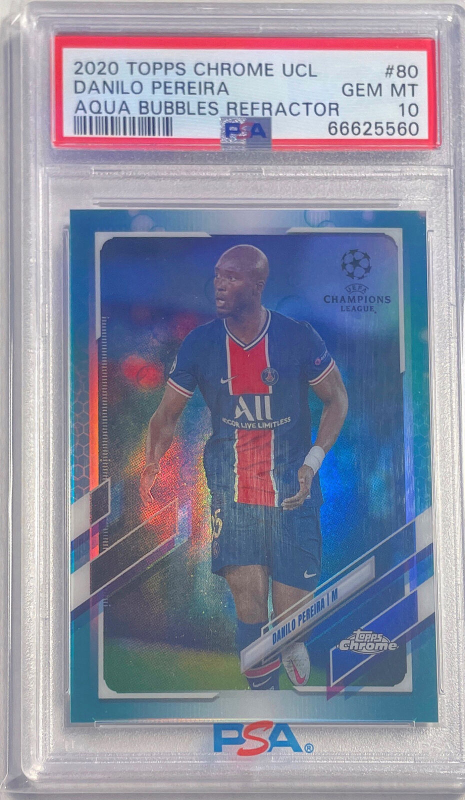 DANILO PEREIRA 2020-21 TOPPS CHROME UCL AQUA BUBBLES REFRACTOR 80 PSA 10 POP 1/1