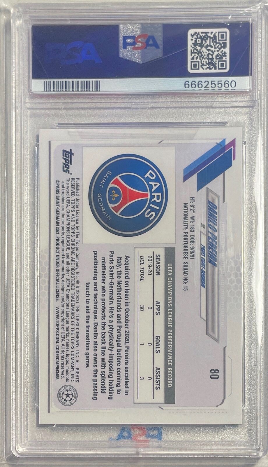 DANILO PEREIRA 2020-21 TOPPS CHROME UCL AQUA BUBBLES REFRACTOR 80 PSA 10 POP 1/1