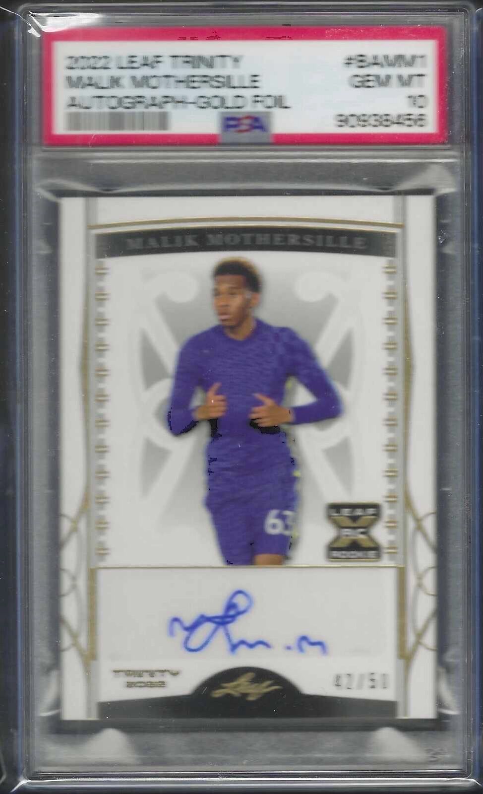 MALIK MOTHERSILLE 2022 LEAF TRINITY GOLD FOIL AUTO RC /50 PSA 10 GEM POP 1/1