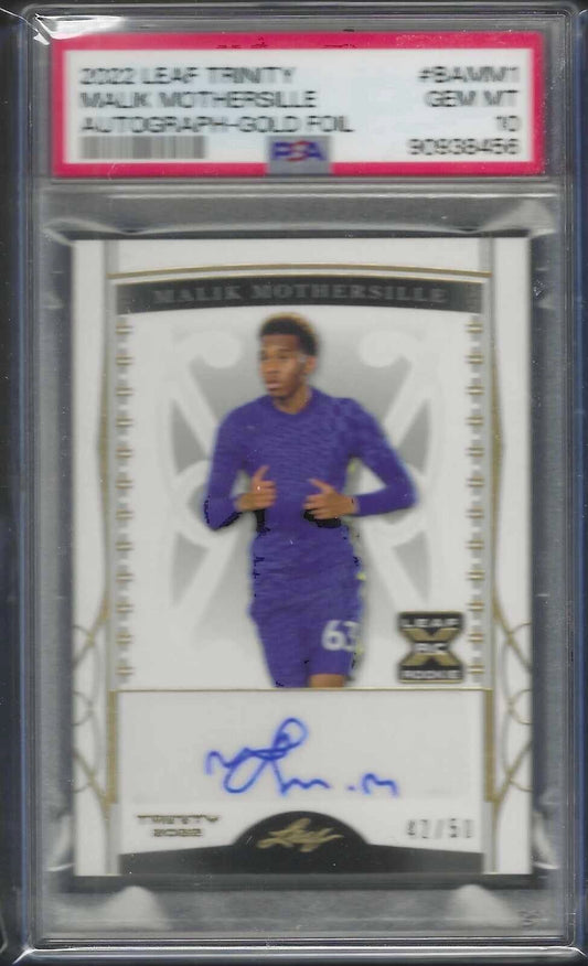 MALIK MOTHERSILLE 2022 LEAF TRINITY GOLD FOIL AUTO RC /50 PSA 10 GEM POP 1/1