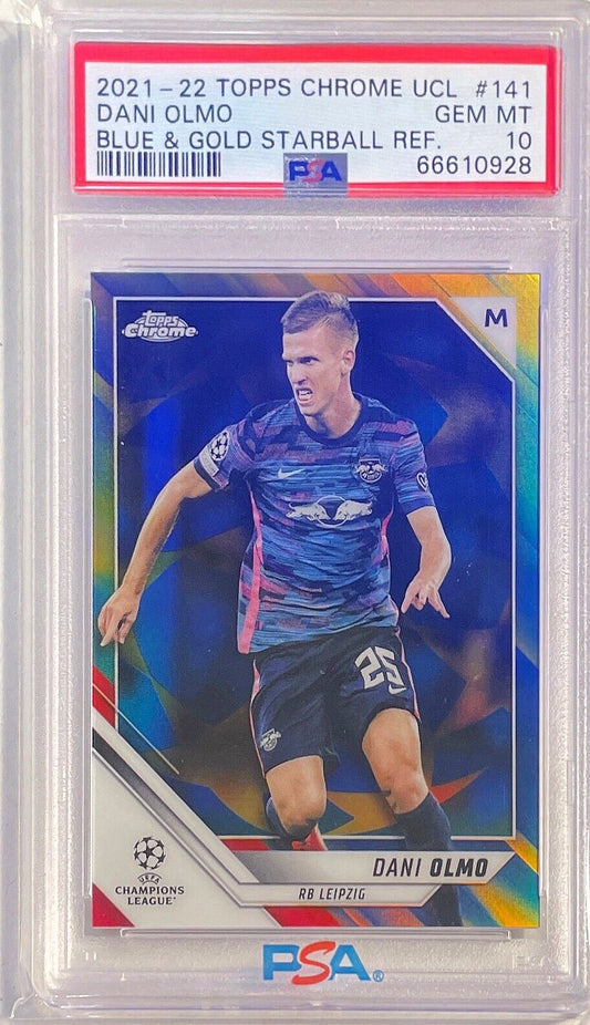 DANI OLMO 2021-22 TOPPS CHROME BLUE & GOLD STARBALL REFRACTOR /75 PSA 10 POP 1/1