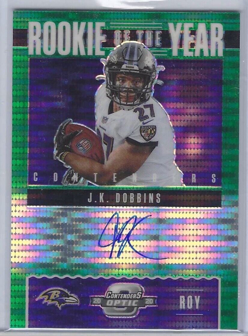 JK DOBBINS 2020 OPTIC CONTENDERS GREEN PULSAR ROOKIE OF THE YEAR AUTO RC #D /27