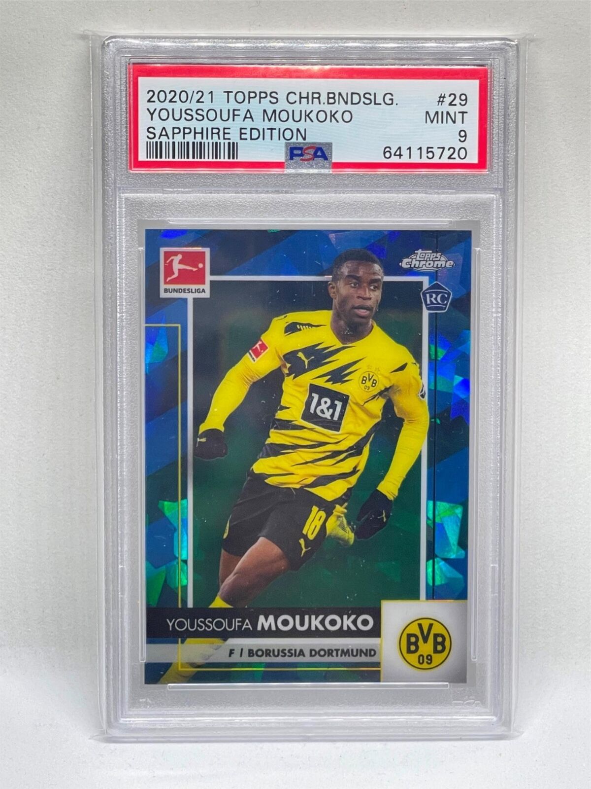 YOUSSOUFA MOUKOKO 2020-21 TOPPS CHROME BUNDESLIGA SAPPHIRE REFRACTOR RC 29 PSA 9
