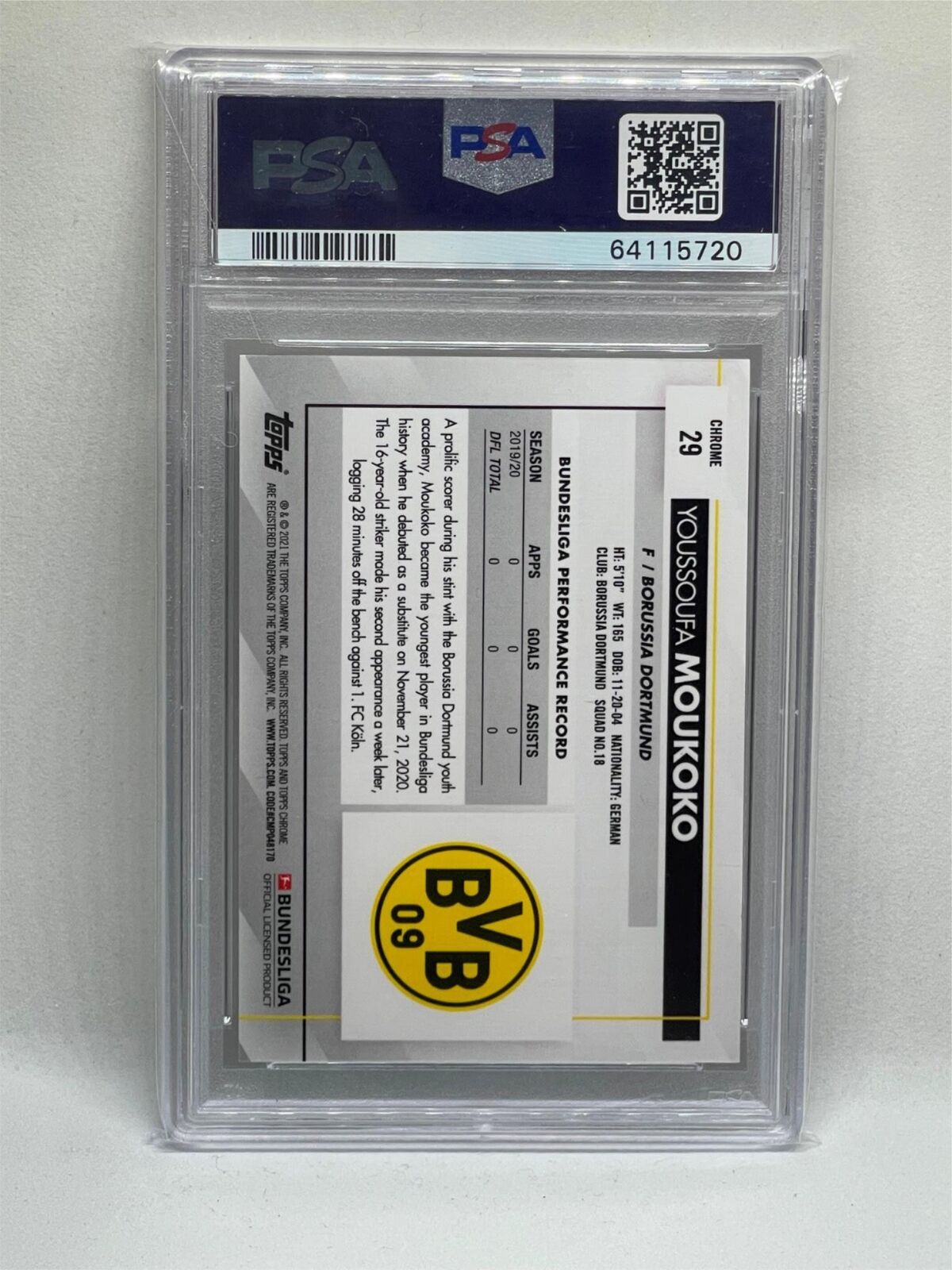 YOUSSOUFA MOUKOKO 2020-21 TOPPS CHROME BUNDESLIGA SAPPHIRE REFRACTOR RC 29 PSA 9