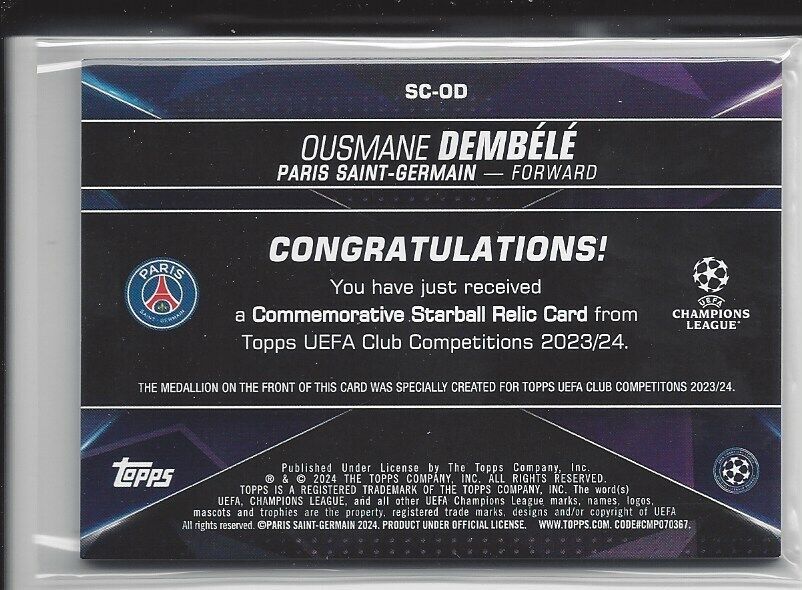 OUSMANE DEMBELE 2023-24 TOPPS CLUB COMPETITIONS UCL STARBALL RELIC PATCH