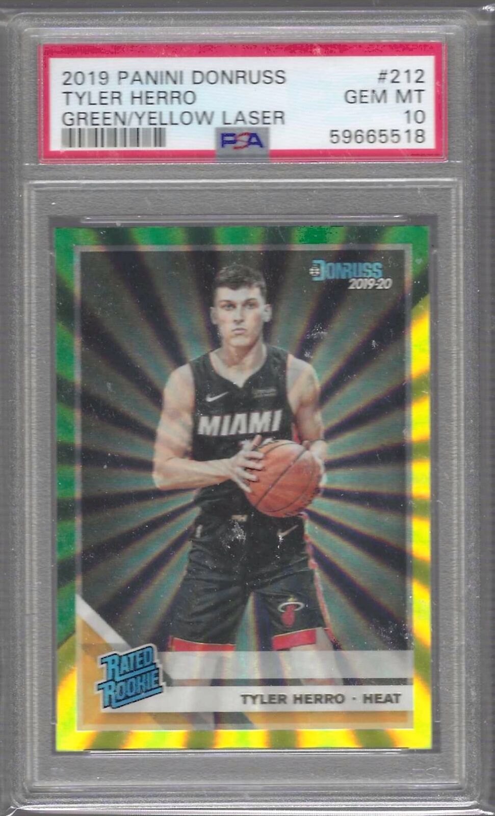 TYLER HERRO 2019 PANINI DONRUSS GREEN AND YELLOW LASER RC PSA 10 GEM MINT