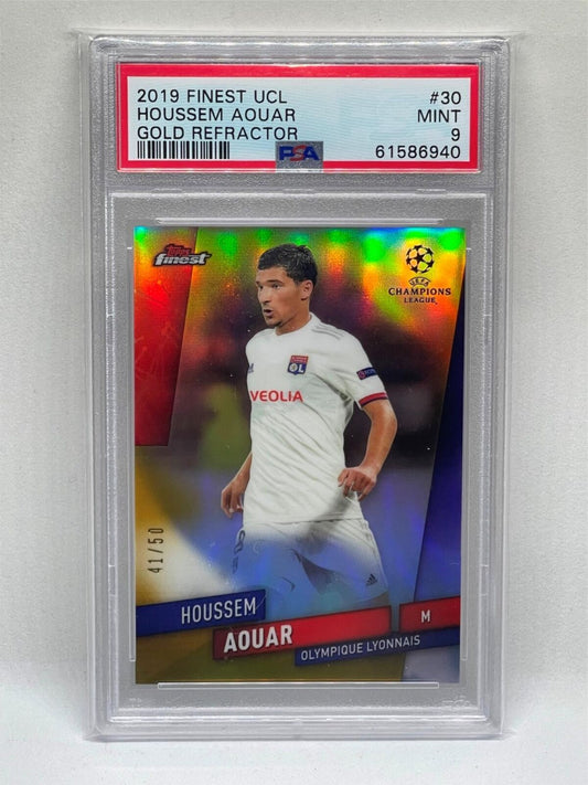 HOUSSEM AOUAR 2019-20 TOPPS FINEST UCL GOLD REFRACTOR RC #D 41/50 PSA 9 POP 3