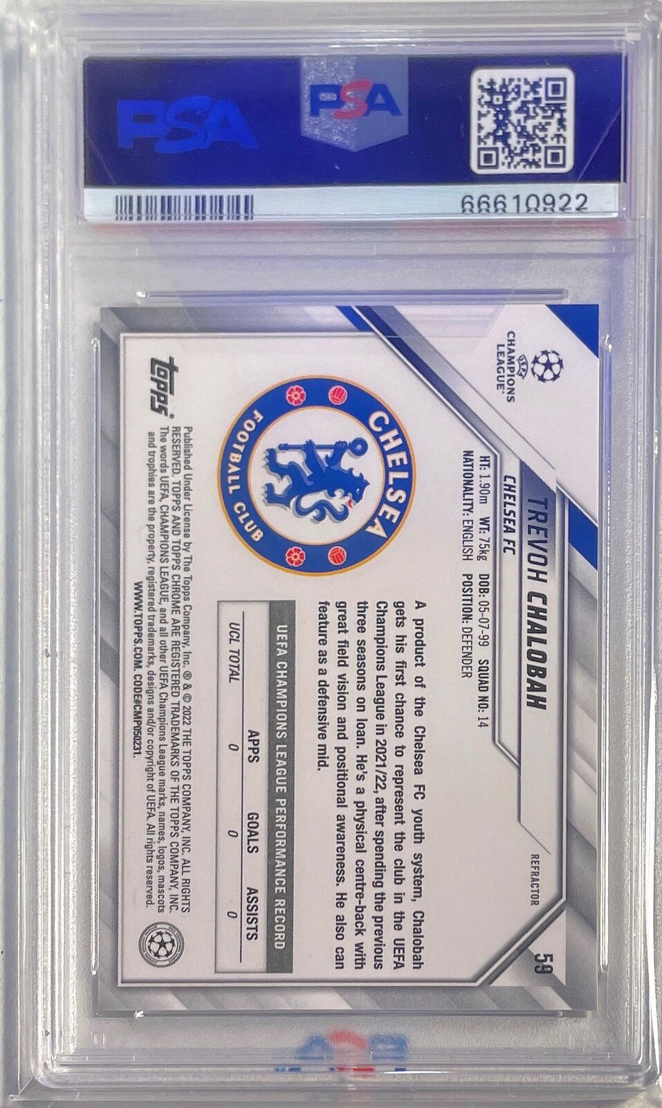 TREVOH CHALOBAH 2021-22 TOPPS CHROME UCL REFRACTOR RC #59 PSA 10 GEM MINT POP 2