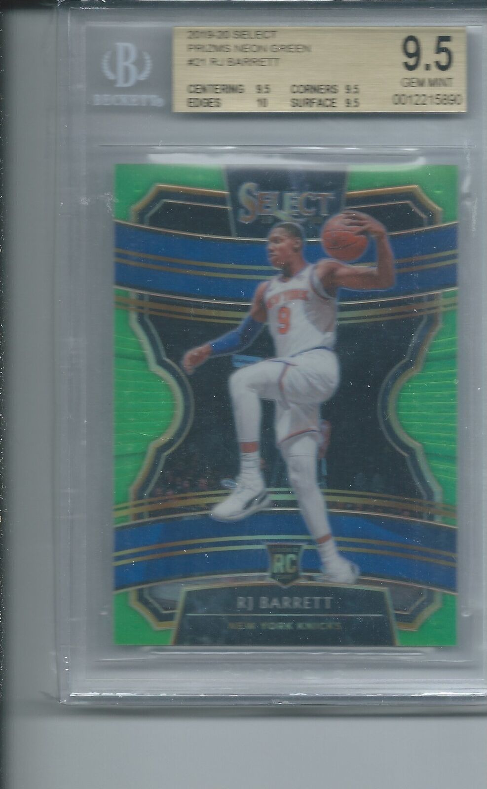 RJ BARRETT 2019-20 PANINI SELECT NEON GREEN PRIZM RC #D 65/75 BGS 9.5 GEM POP 7
