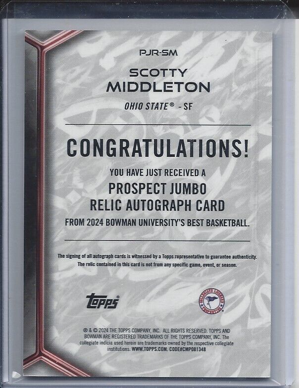 SCOTTY MIDDLETON 2023 BOWMANS BEST UNIVERSITY JERSEY AUTO SILHOUETTE REFRACTOR