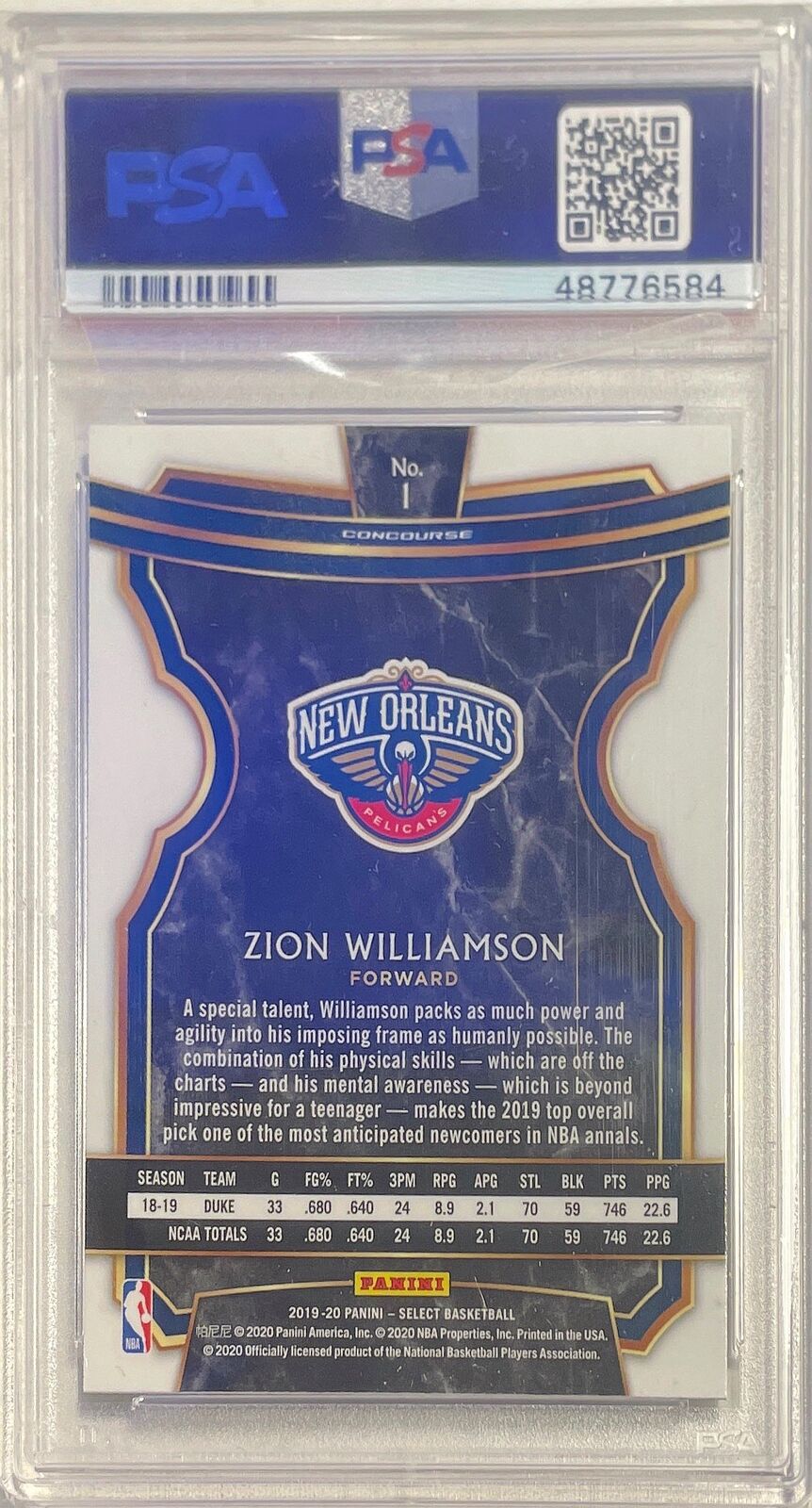 ZION WILLIAMSON 2019-20 PANINI SELECT CONCOURSE ROOKIE RC #1 PSA 9 MINT