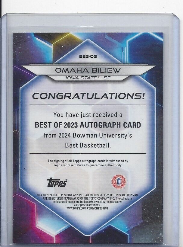 OMAHA BILIEW 2023 BOWMANS BEST UNIVERSITY IOWA STATE REFRACTOR AUTO #D 32/125