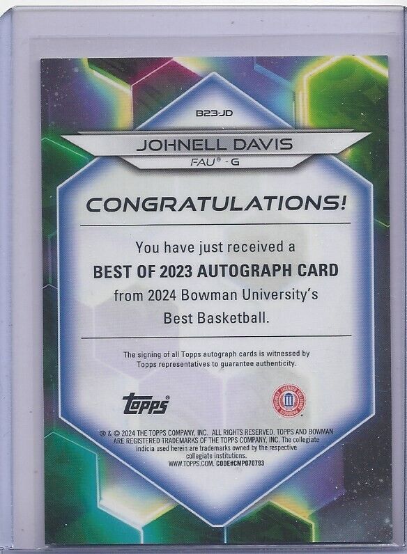 JOHNELL DAVIS 2023 BOWMANS BEST TEAL GEOMETRIC REFRACTOR FAU AUTO #D 4/15