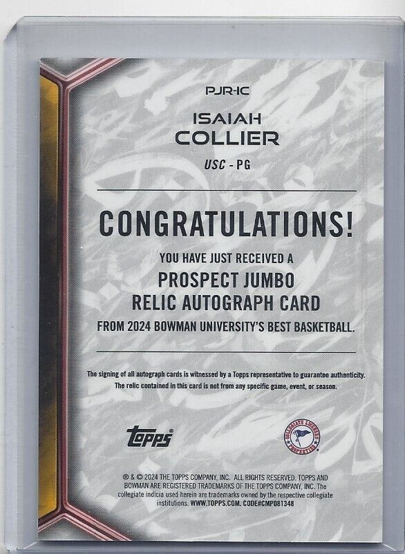 ISAIAH COLLIER 2023 BOWMANS BEST UNIVERSITY JERSEY AUTO SILHOUETTE REFRACTOR