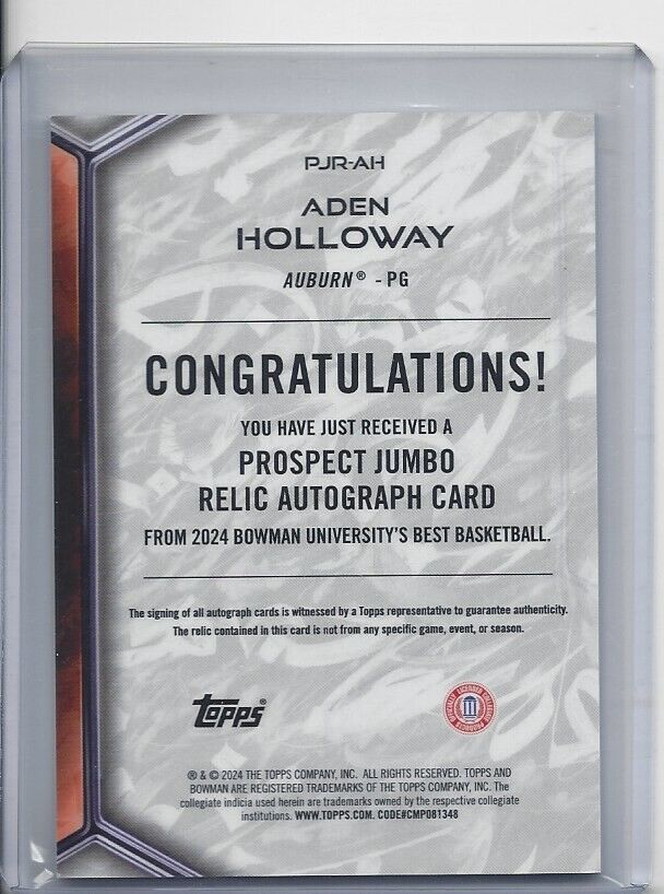ADEN HOLLOWAY  2023 BOWMANS BEST UNIVERSITY PATCH AUTO SILHOUETTE REFRACTOR /49