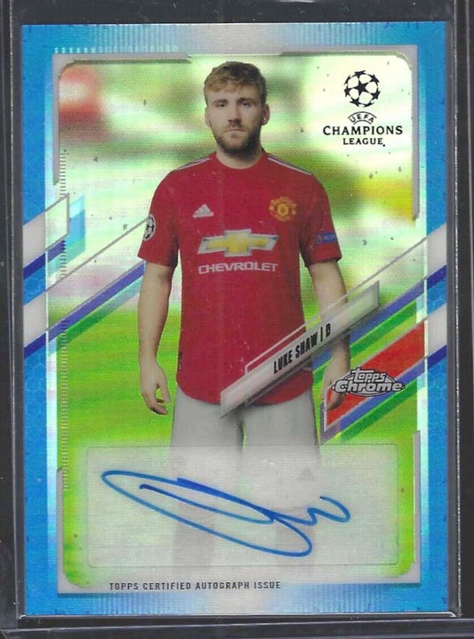 LUKE SHAW 2020-21 TOPPS CHROME UEFA BLUE REFRACTOR AUTO #D 001/150